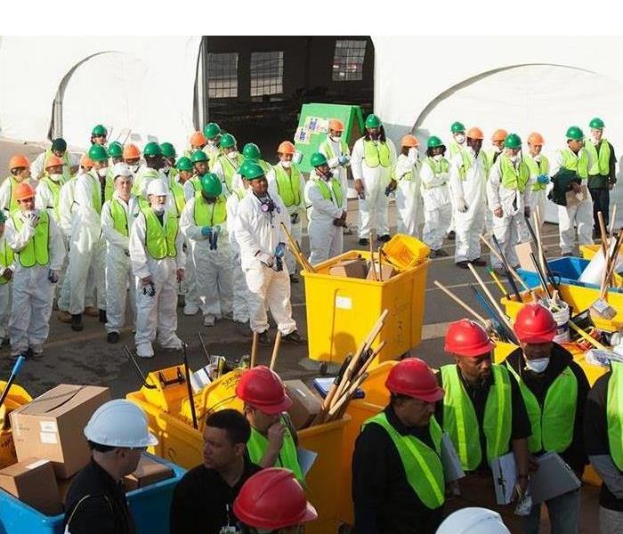 Group of workers in neon green vests.